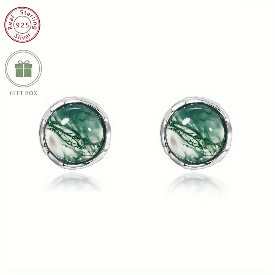 925 Sterling Silver Round Stud Earrings Inlaid Green Color Moss Agate Temperament Ear Piercing Jewelry Gifts For Women With Gift Box