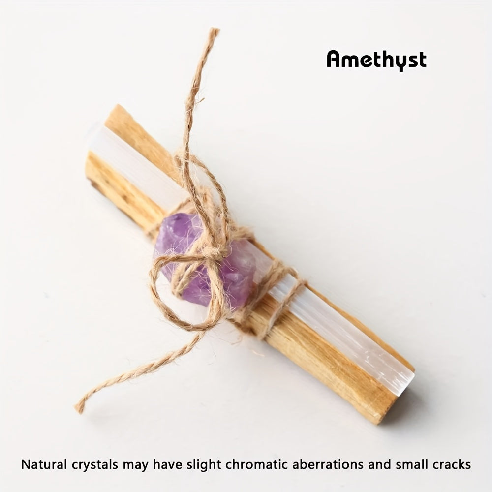 1 Piece Natural Crystal Raw Gemstone with Palo Santo Wood Bundle, Hand-Tied Stone Collection Set for Healing and Energy Work