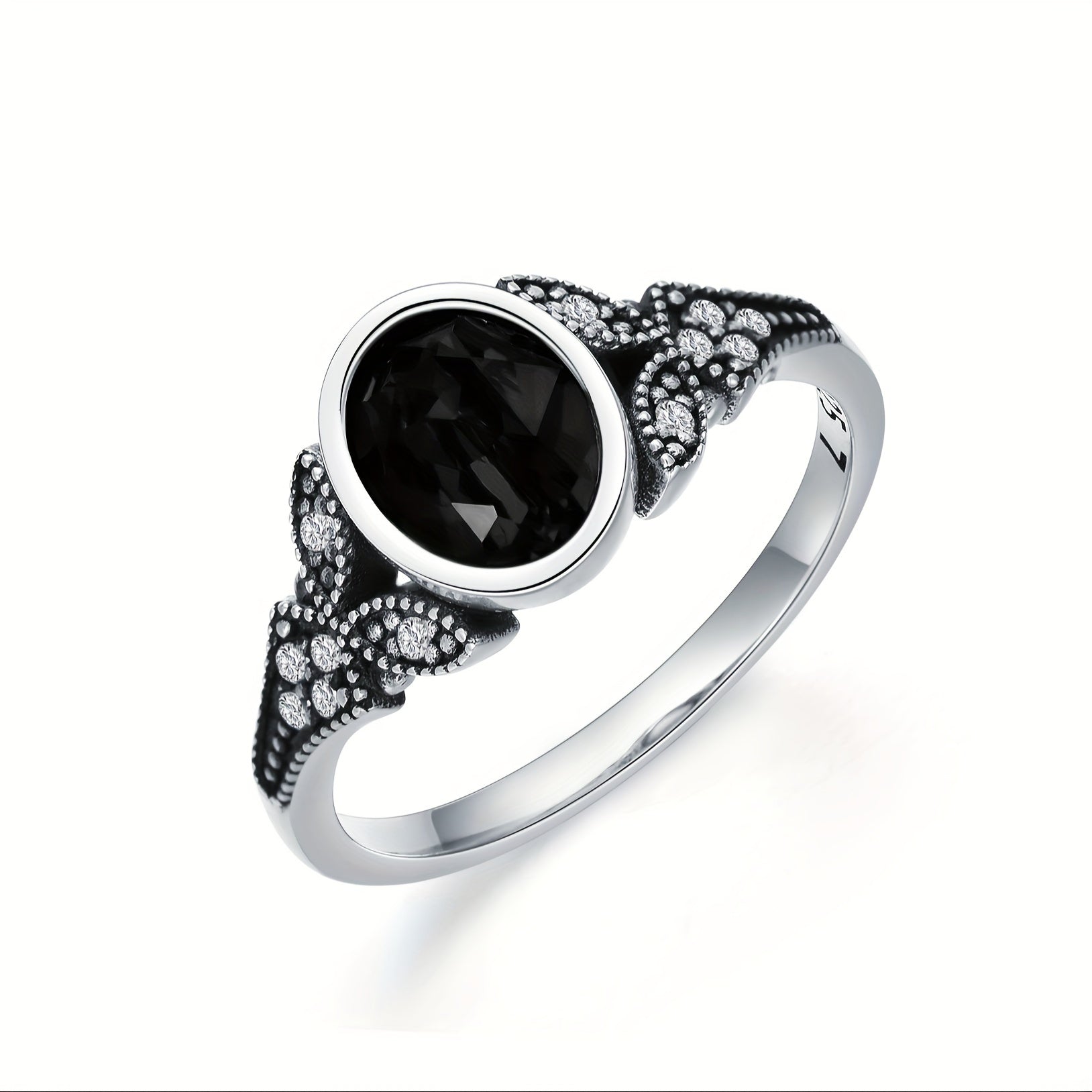 Hermes Harmony 1pc Vintage Classic Black Oxidized 925 Sterling Silver Ring with Oval Synthetic Zirconia, Platinum Plated, Elegant Women'S Fashion Jewelry for Daily & Gift Occasions