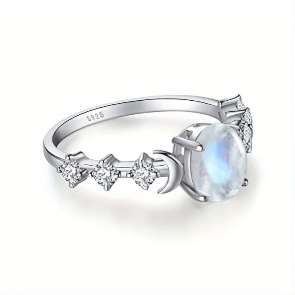 A genuine moonstone Hermes Harmony ring made of pure silver and moon phase ring with an oval shaped moonstone, suitable for women and girlsTemperament girls wear