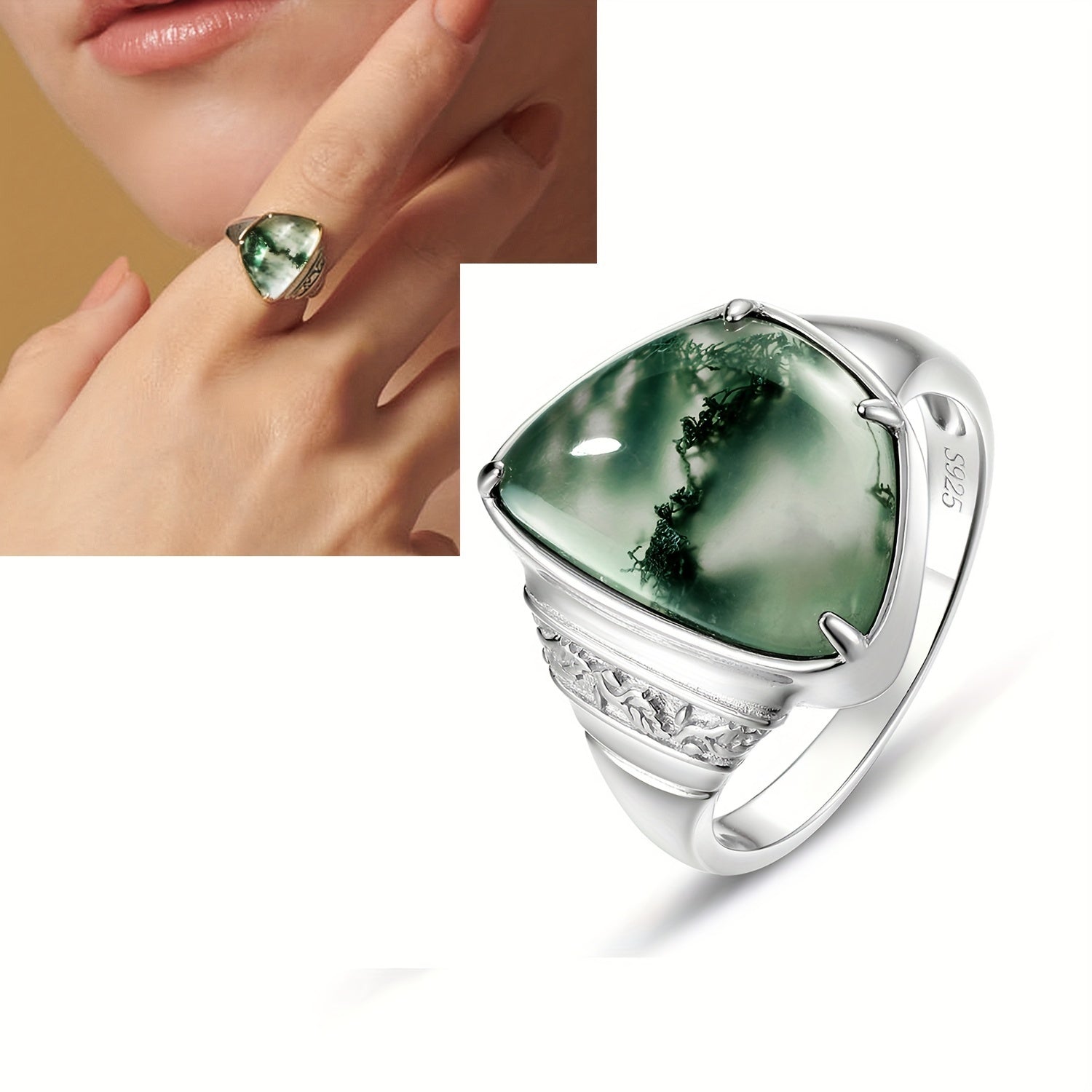 Hermes Harmony  S925 Sterling Silver Boho Simple Style Moss Agate Ring, Geometric Irregular 10.5*15mm 7.5ct, Natural Stone, Fashion Vintage Wedding Anniversary Gift, Silver Weight 3.8g - June Birthstone, No Power Supply Required, for Dai