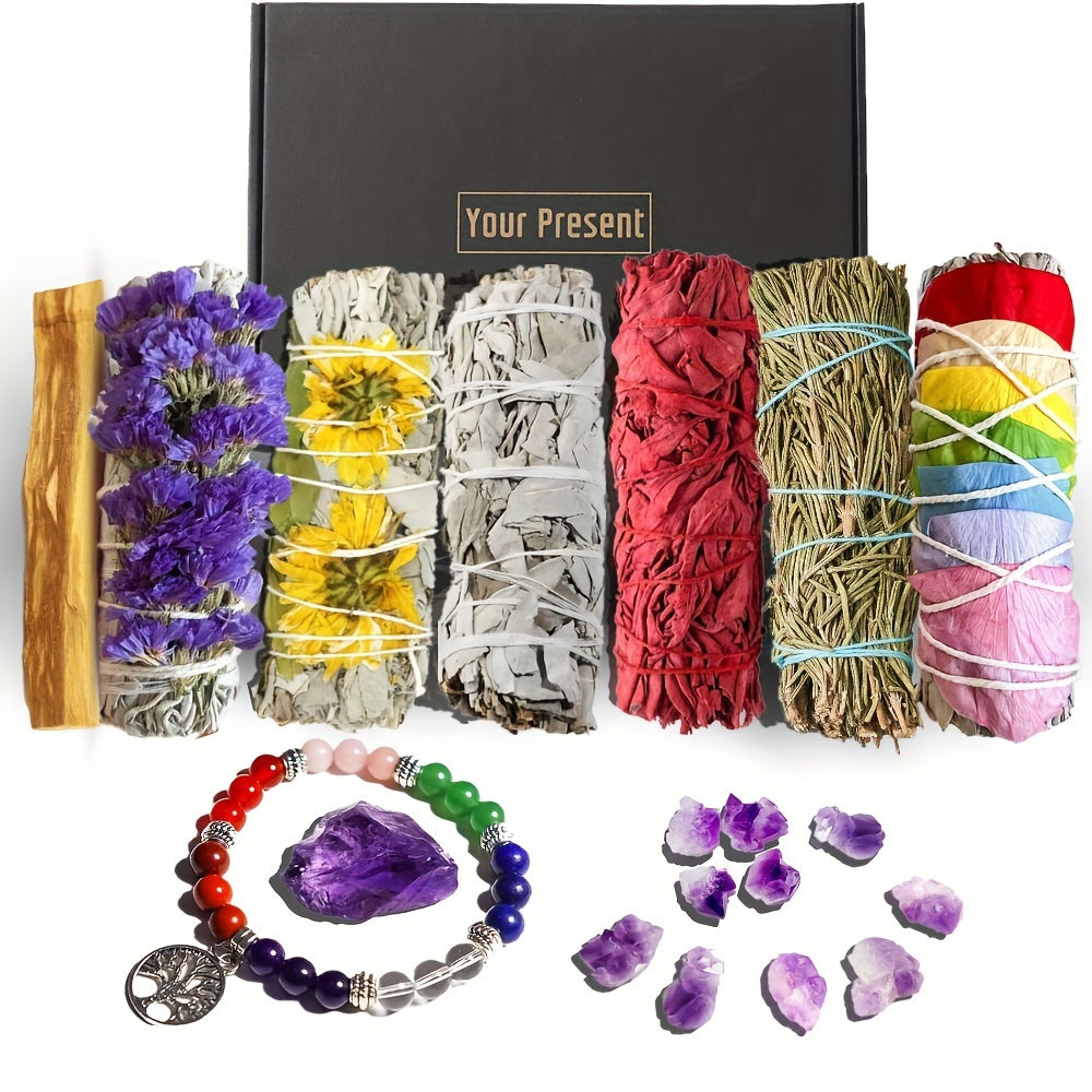 19-piece Sage Stick Smudge Set with Natural Crystals - 3 White Sage Sticks, White Sage, Rosemary, Palo Santo, Dragon's Blood, Chakra Crystal Bracelet, 1 Amethyst, 10 Natural Amethyst Flowers, for House Cleaning, Meditation, Y