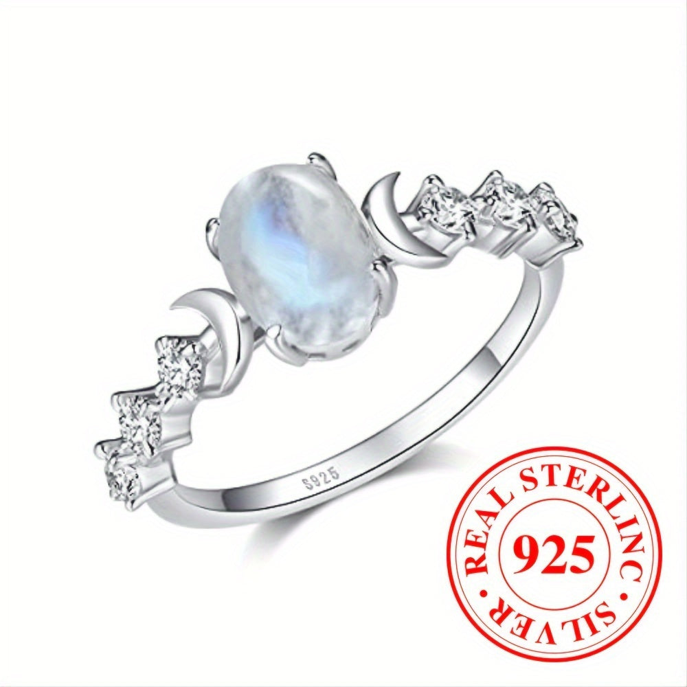 A genuine moonstone Hermes Harmony ring made of pure silver and moon phase ring with an oval shaped moonstone, suitable for women and girlsTemperament girls wear